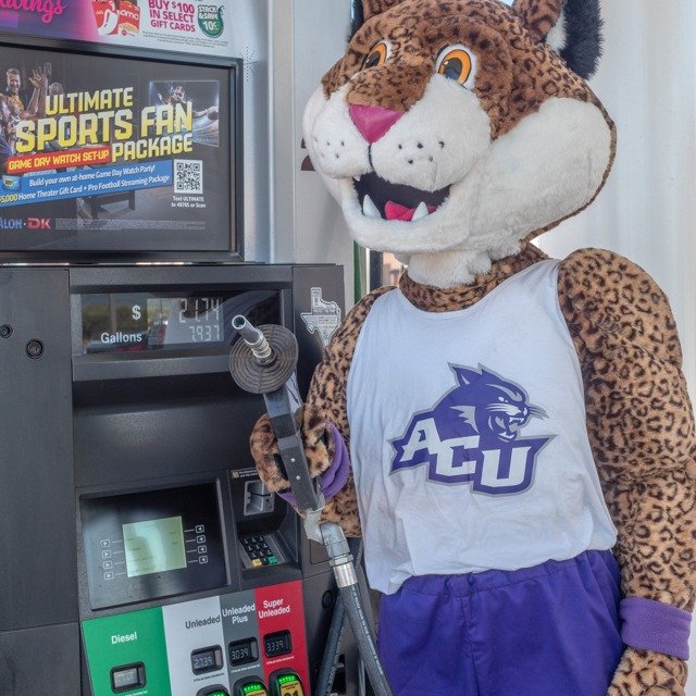 ACU Wildcat mascot at a DK fuel pump