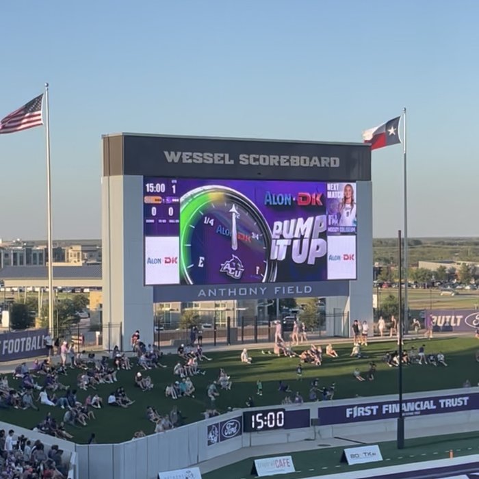 Alon/DK 'Pump It Up' branding on the Wessel Scoreboard at Anthony Field